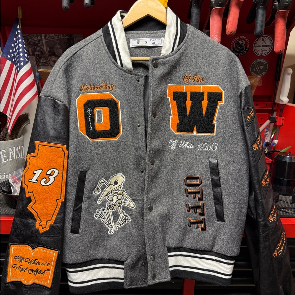 Off-White Varsity Jacket in Gray and Black with Orange Details
